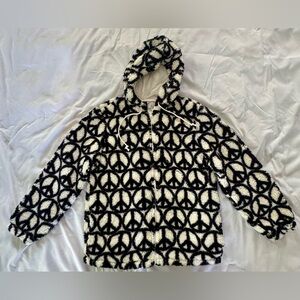 NWT PacSun Sherpa Hoodie Black Ivory Peace Sign Cozy Fleece XS